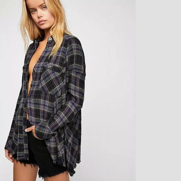 Free People Juniper Ridge Snap Side Plaid Button Down Shirt Top Size small - Picture 1 of 12